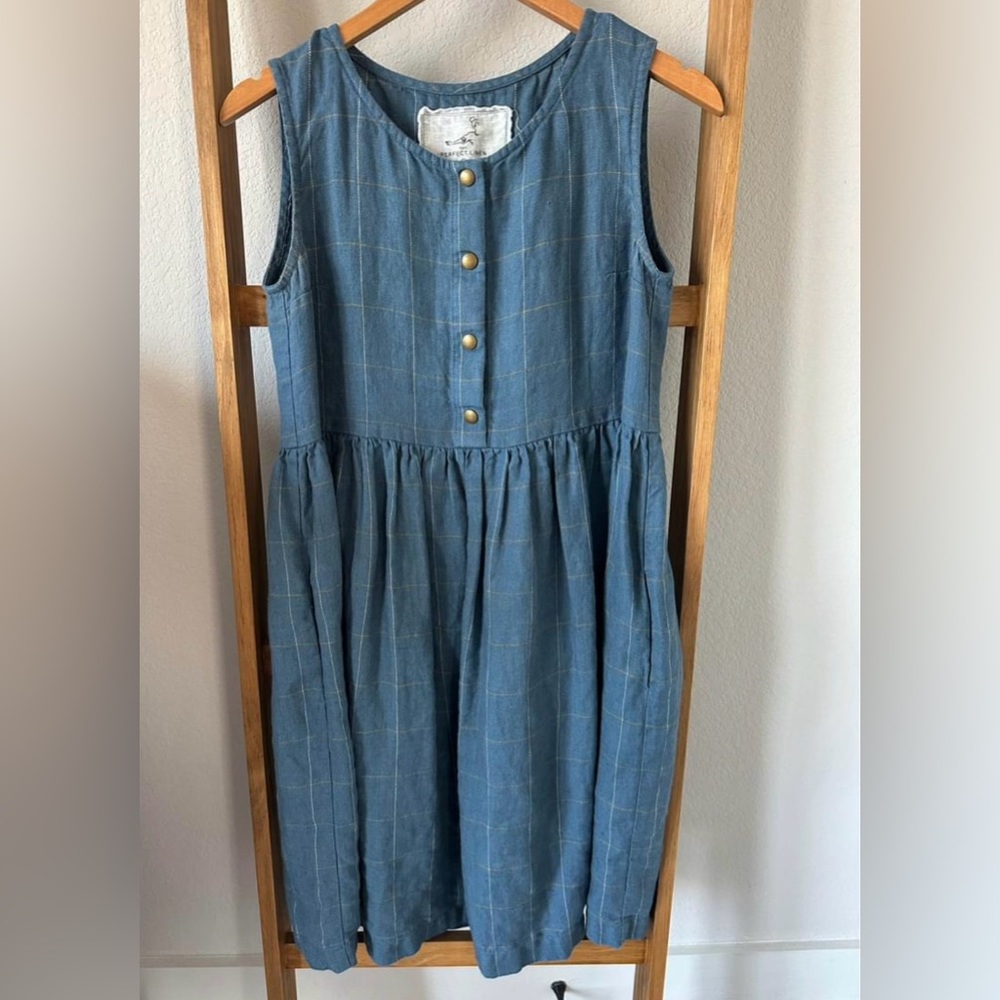 Not Perfect Linen Midi smock dress in blue herringbone - size Small